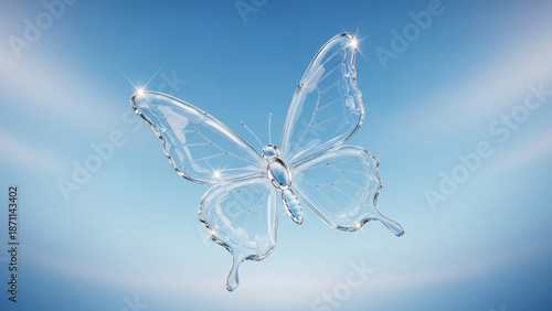A beautiful transparent butterfly with sparkling details against a blue background with white rays