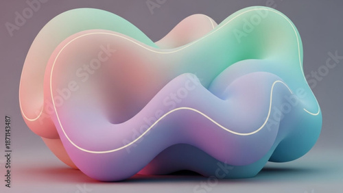 A colorful abstract sculpture with wavy shapes and neon lights on a gray background with a smooth surface and vibrant hues