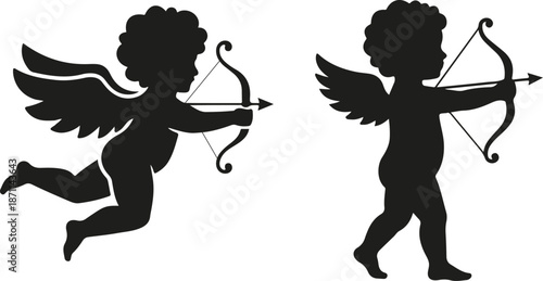 Black Cupid Silhouette Character Pair - Professional Mythological Angel Icons for Laser Cutting and Silhouette Crafting