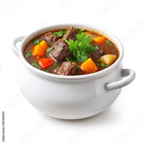 Delicious hearty beef stew with fresh vegetables in a white serving pot on a clean background