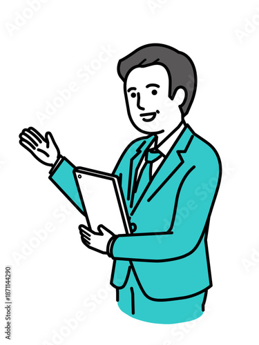 手を差し出して案内するタブレットを抱えたシニア男性、ビジネススーツのベテラン相談員や接客のイラスト