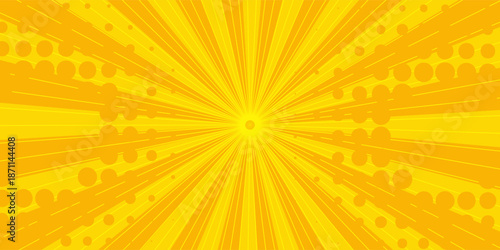 Abstract orange comic background. Art pop cartoon backdrop. Halftone effect pattern. Fun anime texture. Starburst manga style bg. Mark popart radial gradient. Spiral, swirl, comic rays.