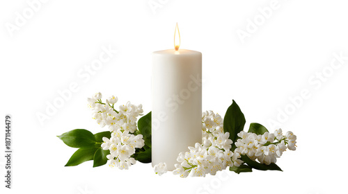 Serene white candle with delicate flowers isolated on white background