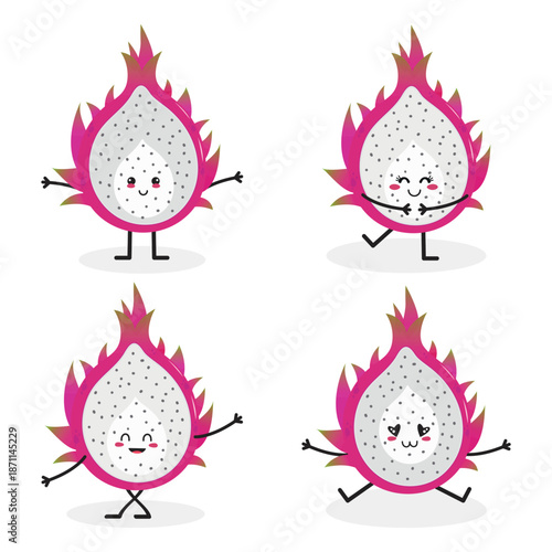 Cute cartoon pitaya characters with expressions isolated on a white background. Dragon fruit. Sticker set. Flat vector illustration.
