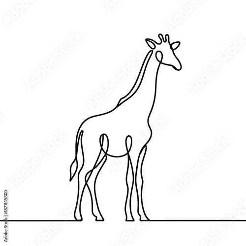 Minimalist black and white line drawing of a giraffe standing on a plain from a side viewpoint