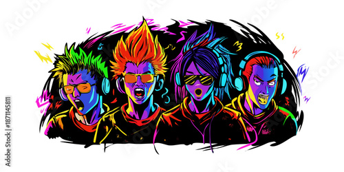 A group of professional gamers with high-tech headsets and neon lighting effects in a doodle style. Intense expressions, colorful hair, and trendy streetwear. Bold black outlines and saturated primary