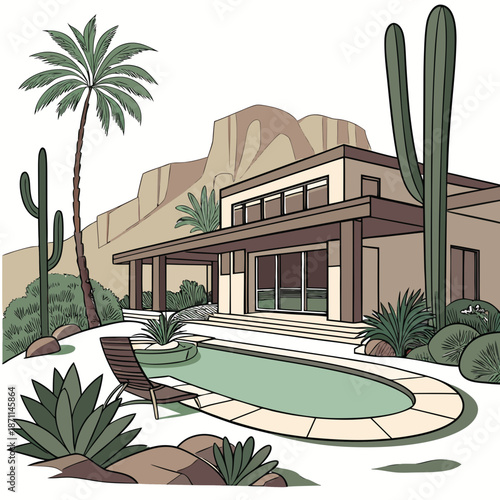 Desert landscape resort with pool house