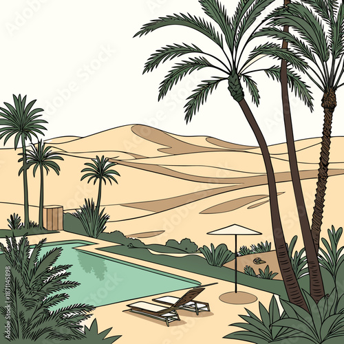 Desert oasis pool with palm trees and lounge chairs