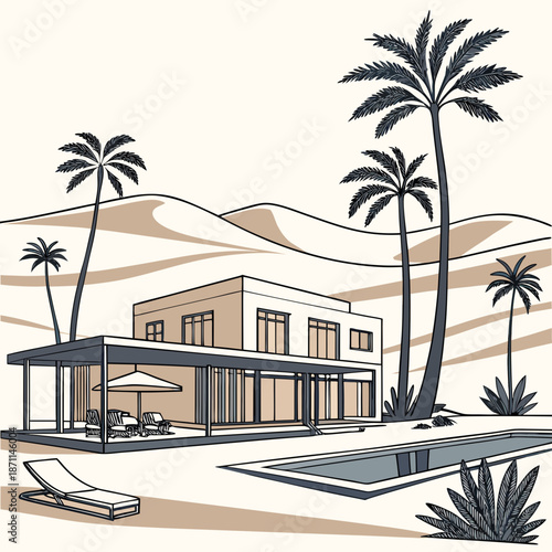 Modern desert resort with pool and palm trees modern resort