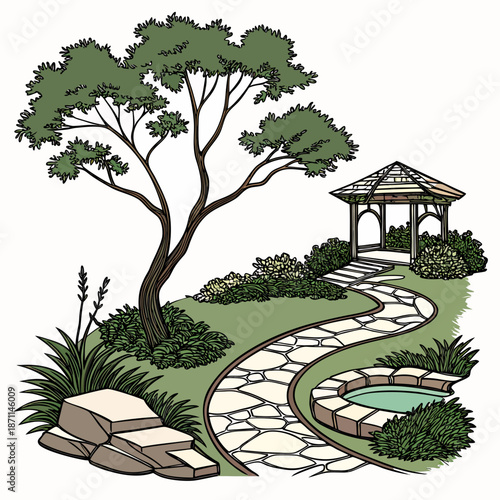 Serene garden oasis with stone path and gazebo tree