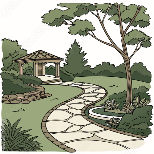 Serene garden path with gazebo and trees stone path