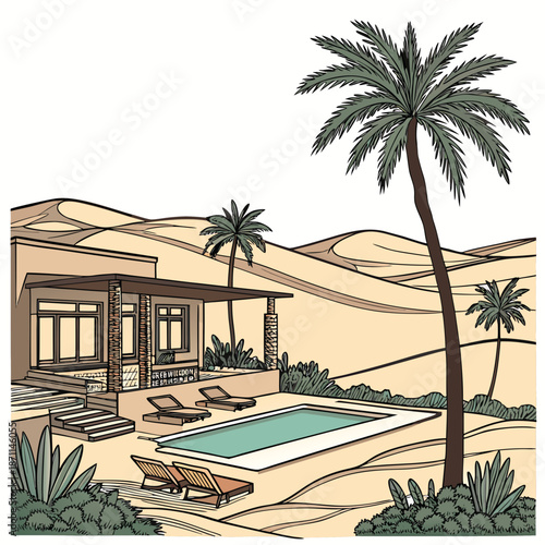 Desert oasis resort with pool and palm trees