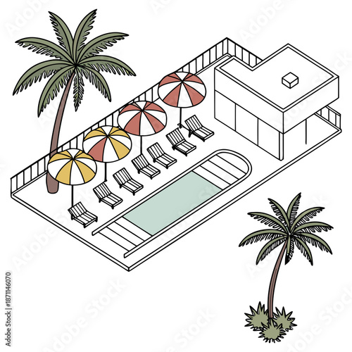 Isometric view of modern oasis resort layout with umbrellas and lounge chairs