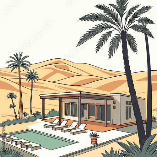 Desert resort with pool and palm trees modern house