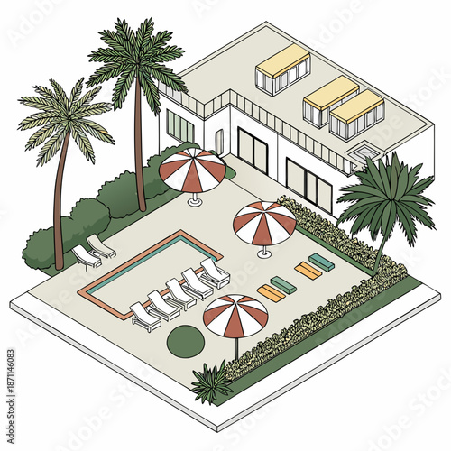 Isometric view of modern oasis resort with pool umbrellas and lounge chairs