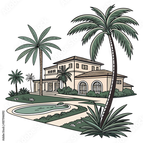 Luxury eco resort with palm trees and garden pool oasis