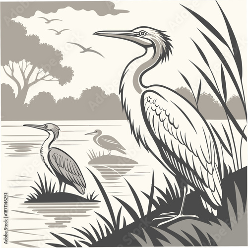 Monochromatic of herons in a serene aquatic landscape