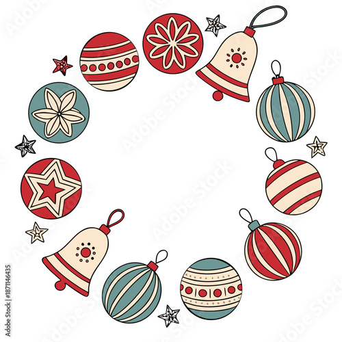Red and teal Christmas ornaments and bells with star decorations