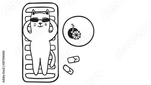 Cool cat on a float with drink perfect for summer on transparent background silhouette