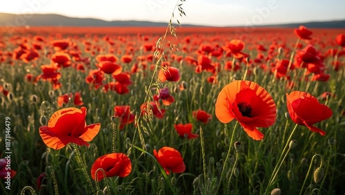 Vibrant red poppy field landscape scene.