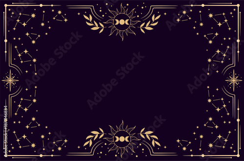 Magic horizontal astrology vector frame. Mystic frame for tarot, esoteric, astrology design. Template for poster and prints.