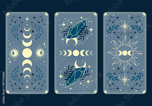 Magic occult cards. Vintage mystic tarot cards, stars and crescents magical symbols, magic occult cards illustration set.