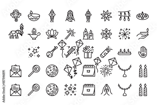 Indian festival celebration traditional line icon set isolated on white background
