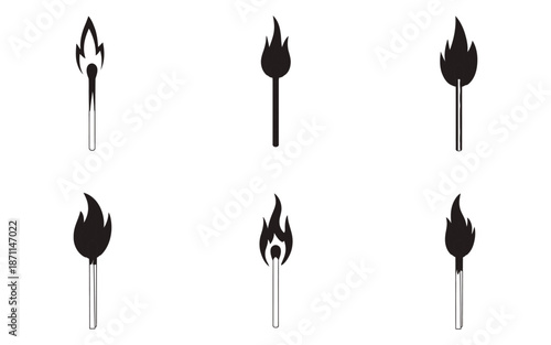 Burning matchstick flame icon set isolated on white background