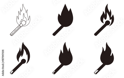 Burning matchstick flame icons set isolated on white background