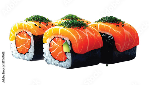 Delicious Sushi Rolls Topped with Salmon and Green Garnish.