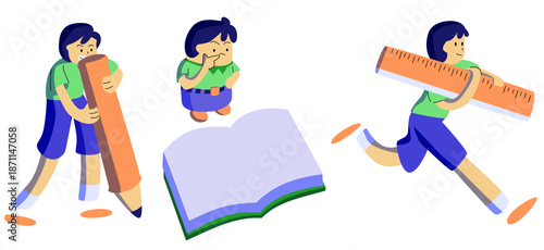 a collection of illustrations about activities and objects in the classroom, books, stationery, globes, etc.