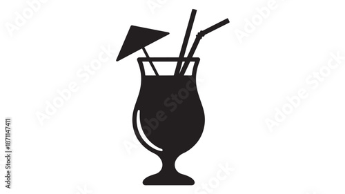 Black silhouette of a tropical drink with straws on transparent background