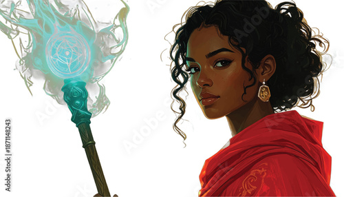 Enchanting sorceress wielding a magical staff with glowing orb.