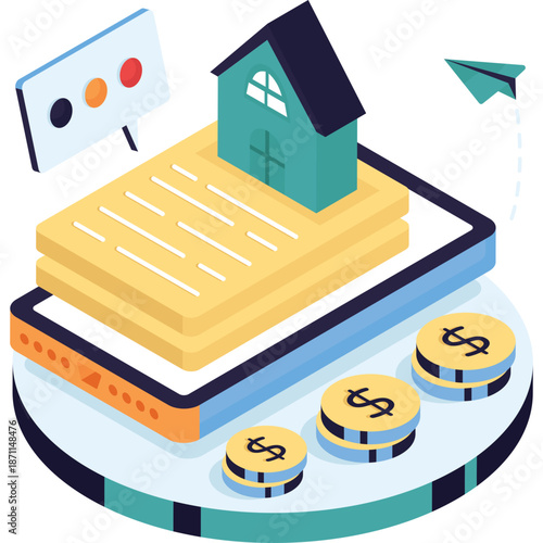 Digital real estate investment concept with house, coins, and smartphone