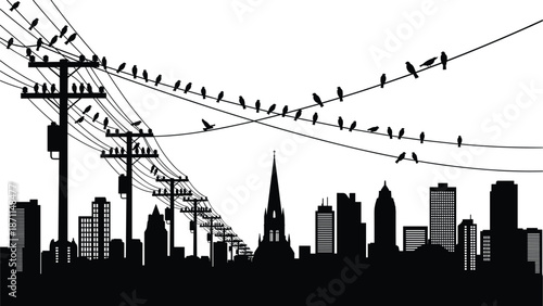 Birds Perched on Power Lines Above a City Skyline Silhouette Keywords: birds, power lines, telephone poles, city skyline