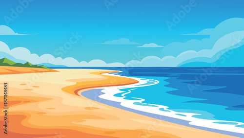 Tropical summer beach with blue ocean waves golden sand and sunny sky in flat vector style