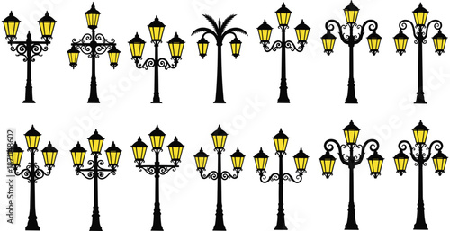 Collection of decorative black street lamps with yellow light globes on white background Keywords: street lamp, lamp post