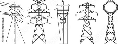 Collection of Electrical Transmission Tower Line Art Illustrations Keywords: electricity, power, transmission, tower, pylon, high