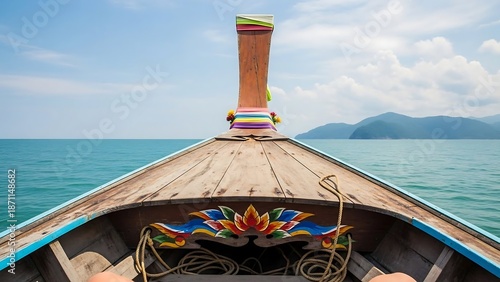 Wooden boat on calm sea water.