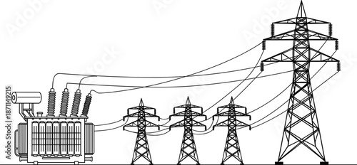 Electrical Transformer Connected to Power Transmission Towers and Lines Keywords: electricity, power, energy, transmission
