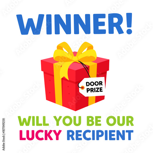 give away ,Red Gift Box with Yellow Ribbon and Prize Tag.