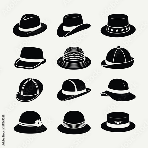Collection of various black hat styles and designs for fashion and headwear