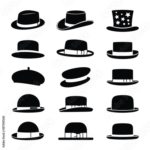 Collection of various classic mens hats in silhouette on white background