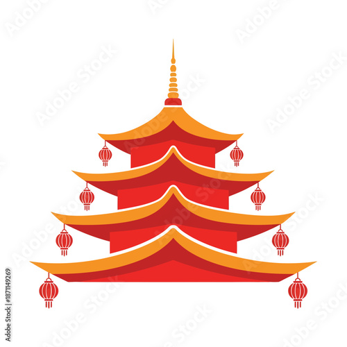 Red Pagoda Temple with Lanterns Illustration.