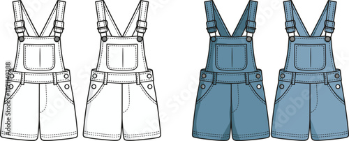 Flat Fashion Sketches of Denim Overalls for Children clothing
