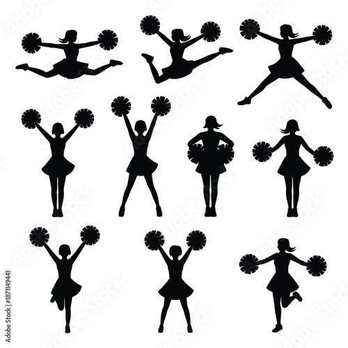 Black silhouettes of cheerleaders in various poses with pom poms