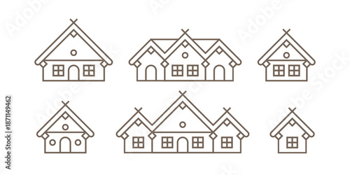 Different types of village houses. Flat line vector illustration.