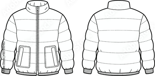 Front and back view outline of a puffer jacket with zipper and pockets winter jacket outerwear