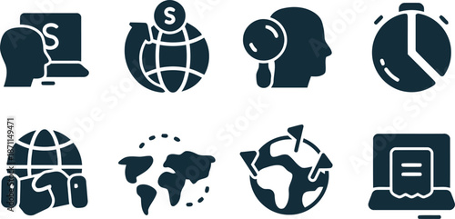 global business, finance, icon, vector, globe, dollar, magnifying glass, head, clock, laptop, symbol, international trade, investment, analysis, time management, world, money, economy, market, digital