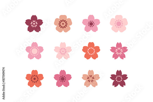 Sakura flower design element. Set of 12 geometric shape for label. Modern linear design emblem.  Modern abstract linear compositions and graphic design elements.